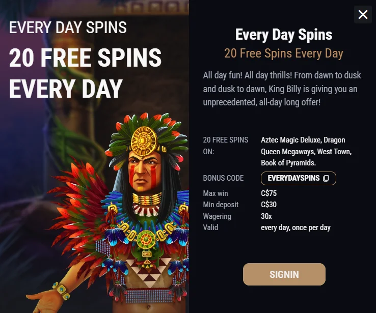 king billy casino free spins