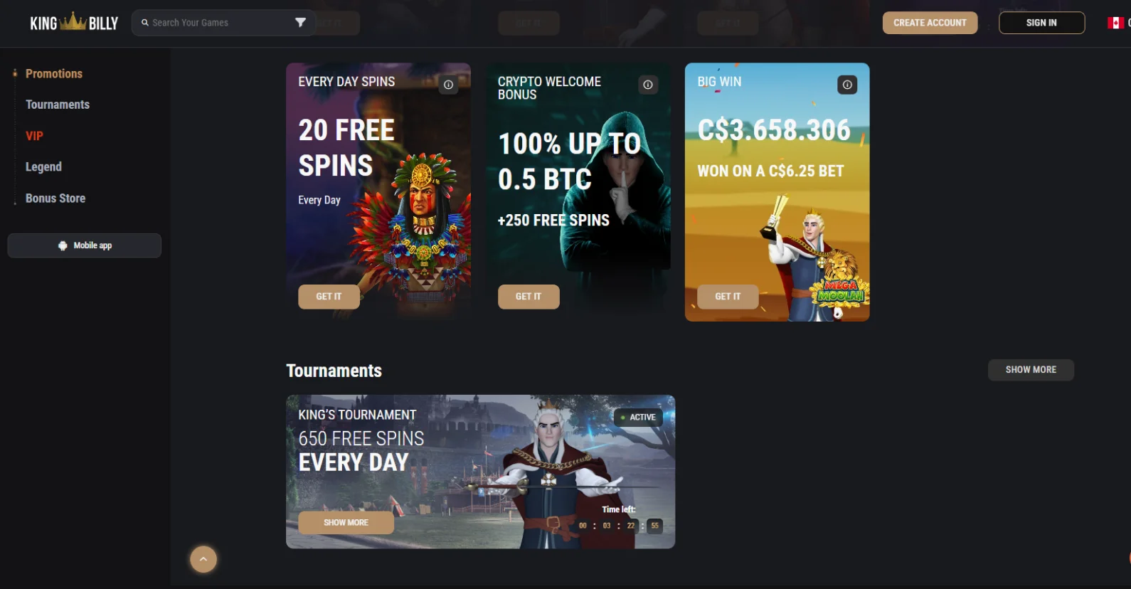 bonus code king billy casino
