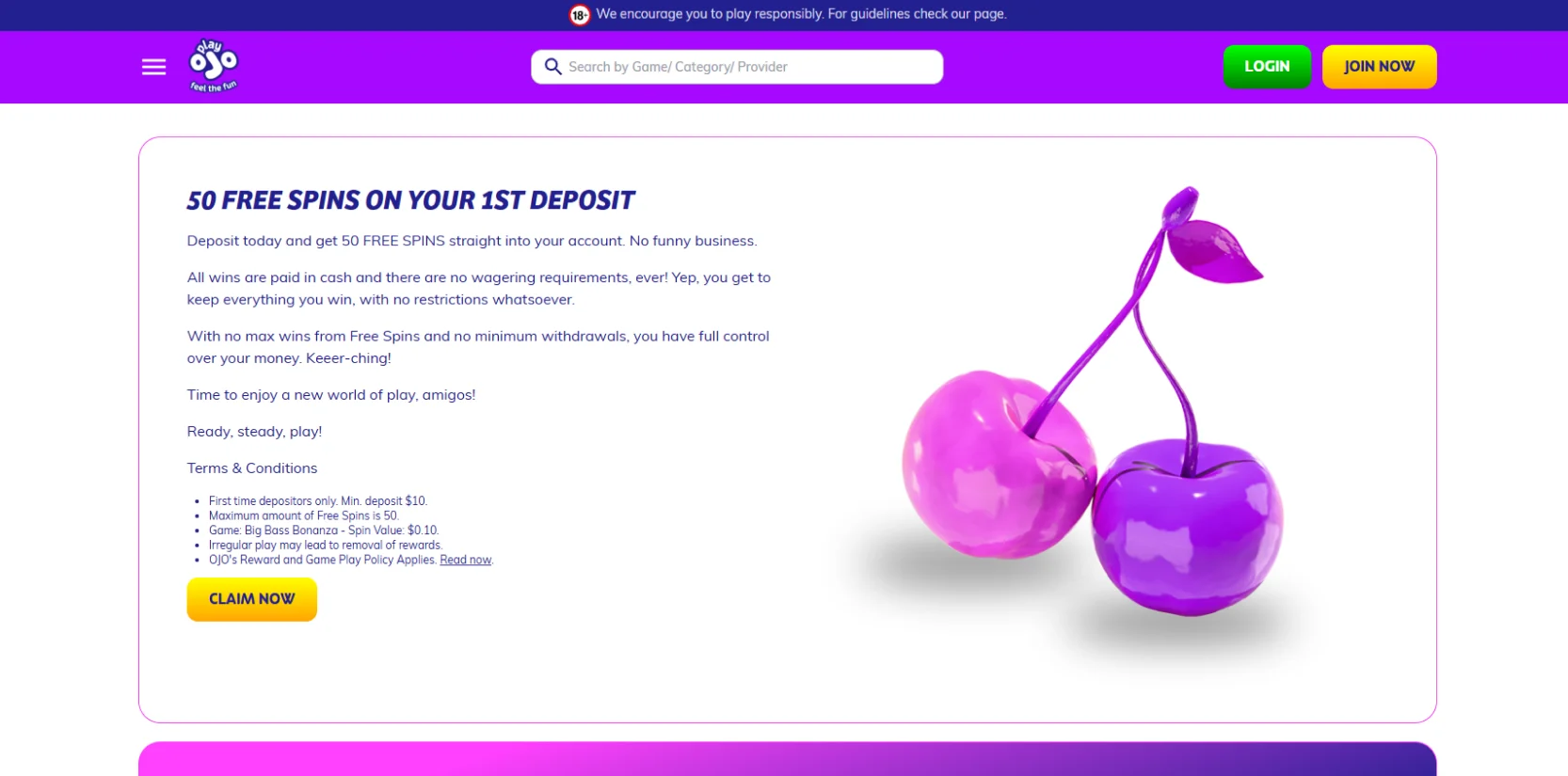 PlayOJO Casino Welcome Bonus